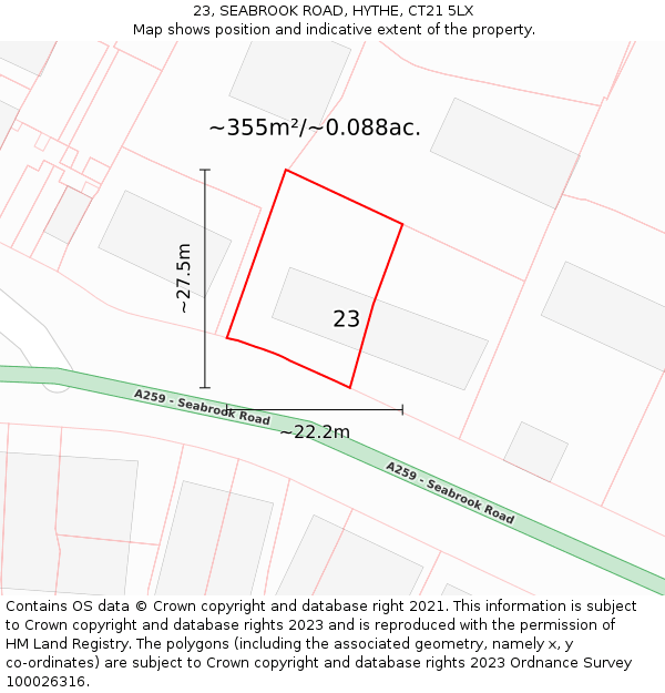 23, SEABROOK ROAD, HYTHE, CT21 5LX: Plot and title map