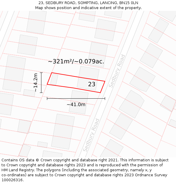 23, SEDBURY ROAD, SOMPTING, LANCING, BN15 0LN: Plot and title map