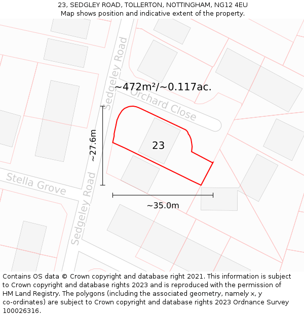 23, SEDGLEY ROAD, TOLLERTON, NOTTINGHAM, NG12 4EU: Plot and title map