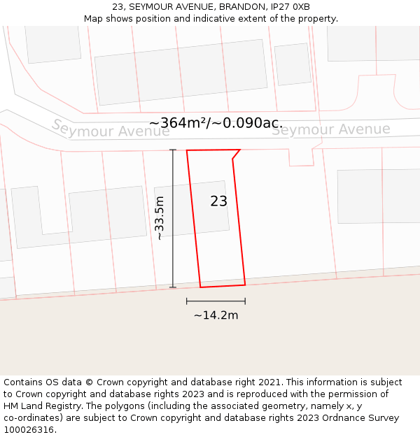 23, SEYMOUR AVENUE, BRANDON, IP27 0XB: Plot and title map