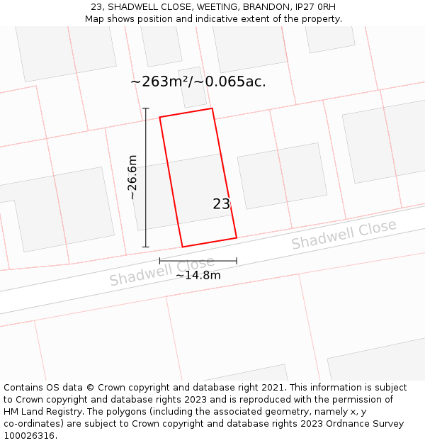 23, SHADWELL CLOSE, WEETING, BRANDON, IP27 0RH: Plot and title map