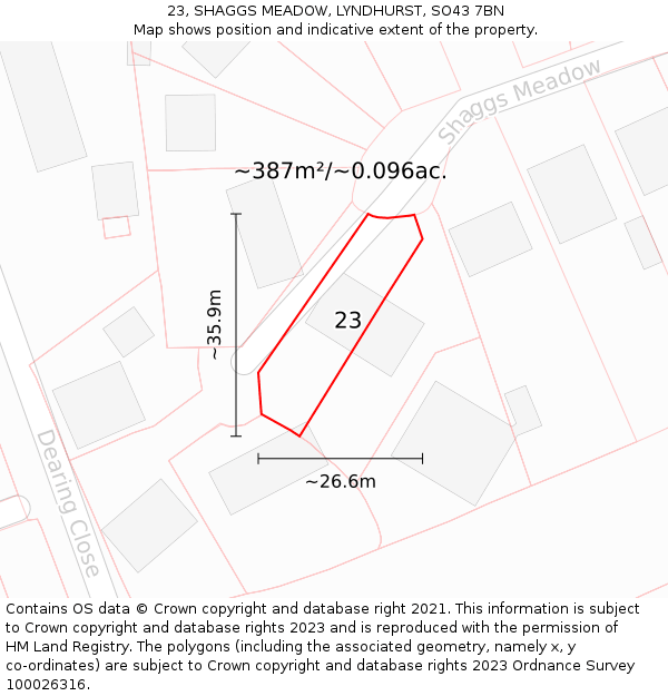 23, SHAGGS MEADOW, LYNDHURST, SO43 7BN: Plot and title map