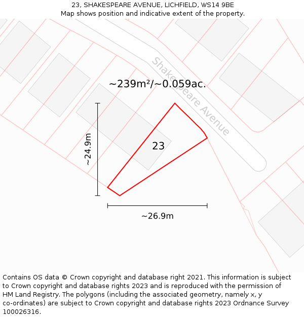 23, SHAKESPEARE AVENUE, LICHFIELD, WS14 9BE: Plot and title map