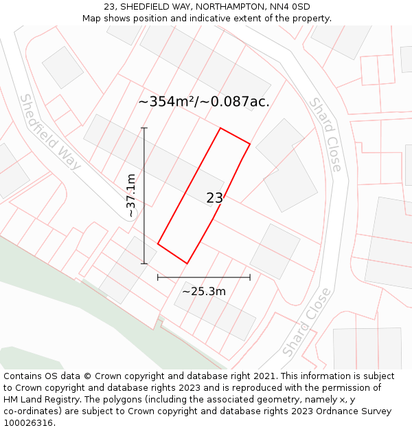 23, SHEDFIELD WAY, NORTHAMPTON, NN4 0SD: Plot and title map