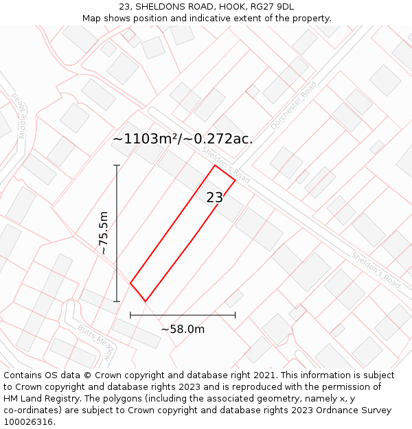 23, SHELDONS ROAD, HOOK, RG27 9DL: Plot and title map