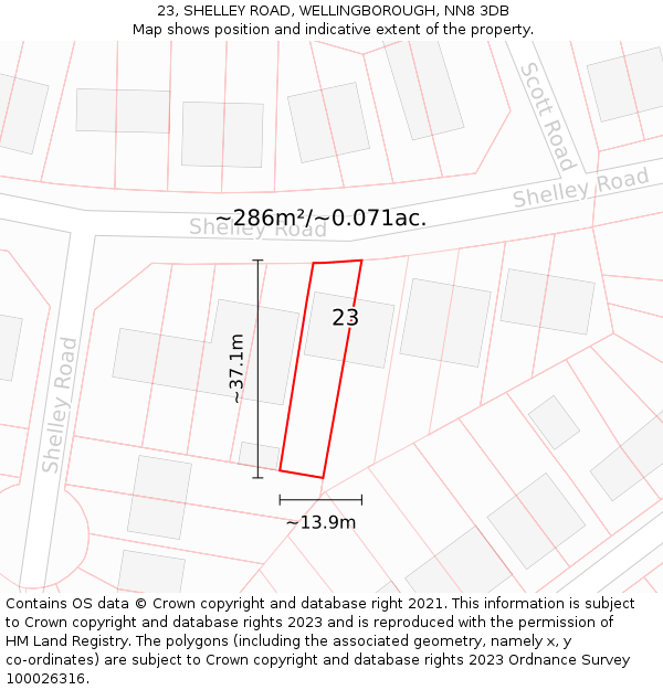 23, SHELLEY ROAD, WELLINGBOROUGH, NN8 3DB: Plot and title map