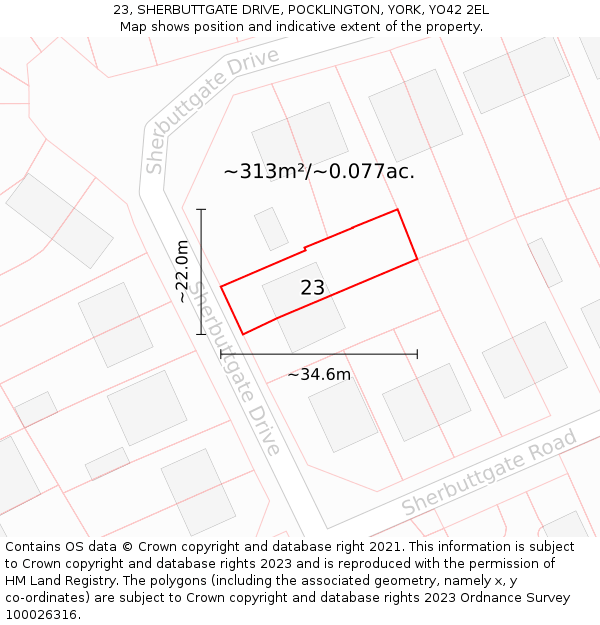 23, SHERBUTTGATE DRIVE, POCKLINGTON, YORK, YO42 2EL: Plot and title map