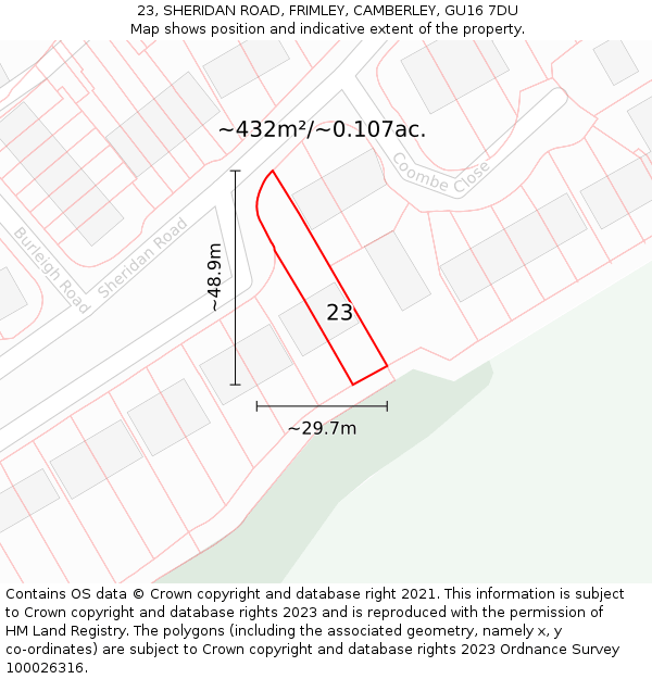 23, SHERIDAN ROAD, FRIMLEY, CAMBERLEY, GU16 7DU: Plot and title map