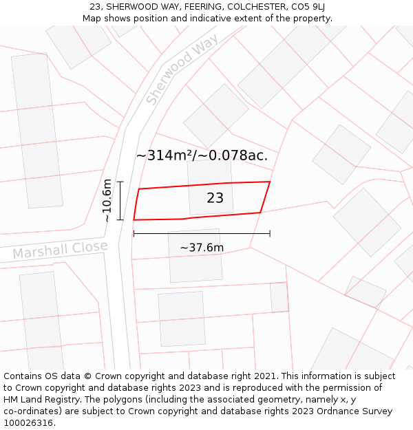 23, SHERWOOD WAY, FEERING, COLCHESTER, CO5 9LJ: Plot and title map