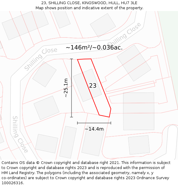 23, SHILLING CLOSE, KINGSWOOD, HULL, HU7 3LE: Plot and title map