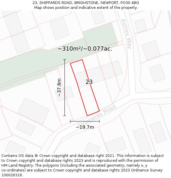 23, SHIPPARDS ROAD, BRIGHSTONE, NEWPORT, PO30 4BG: Plot and title map