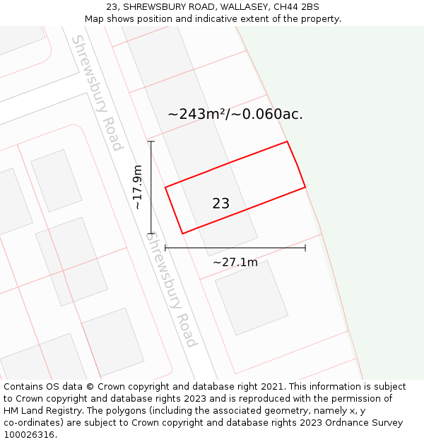 23, SHREWSBURY ROAD, WALLASEY, CH44 2BS: Plot and title map