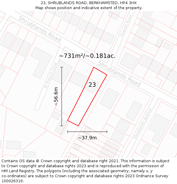 23, SHRUBLANDS ROAD, BERKHAMSTED, HP4 3HX: Plot and title map