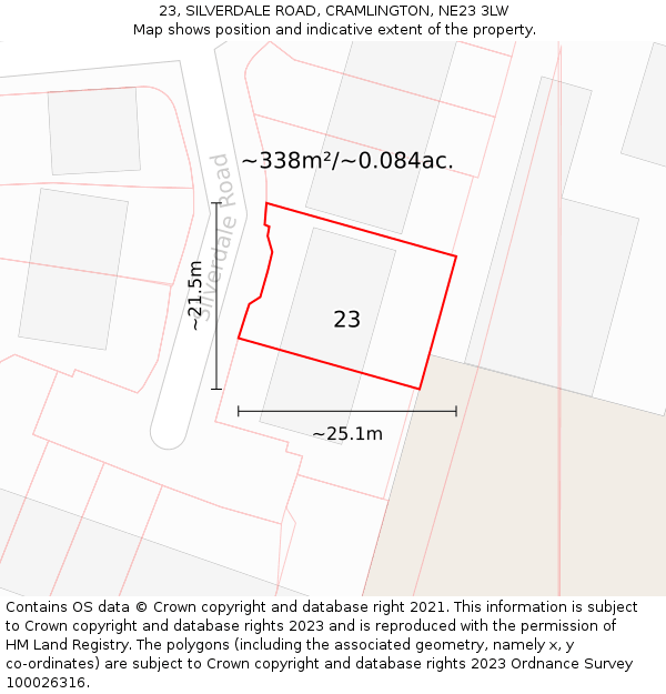 23, SILVERDALE ROAD, CRAMLINGTON, NE23 3LW: Plot and title map