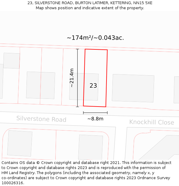 23, SILVERSTONE ROAD, BURTON LATIMER, KETTERING, NN15 5XE: Plot and title map