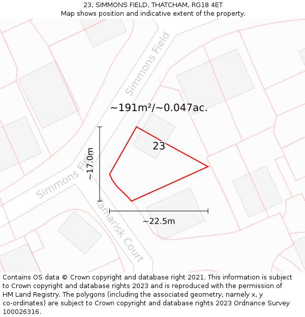 23, SIMMONS FIELD, THATCHAM, RG18 4ET: Plot and title map