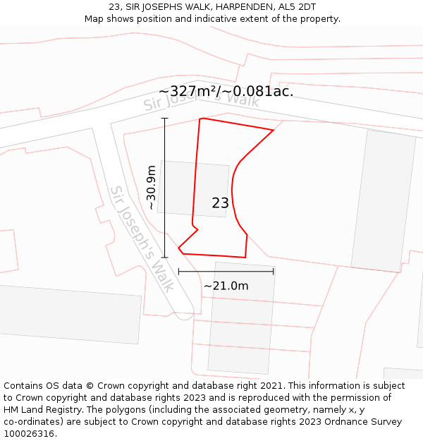 23, SIR JOSEPHS WALK, HARPENDEN, AL5 2DT: Plot and title map
