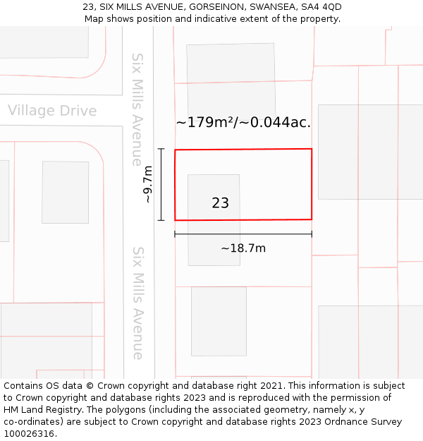 23, SIX MILLS AVENUE, GORSEINON, SWANSEA, SA4 4QD: Plot and title map