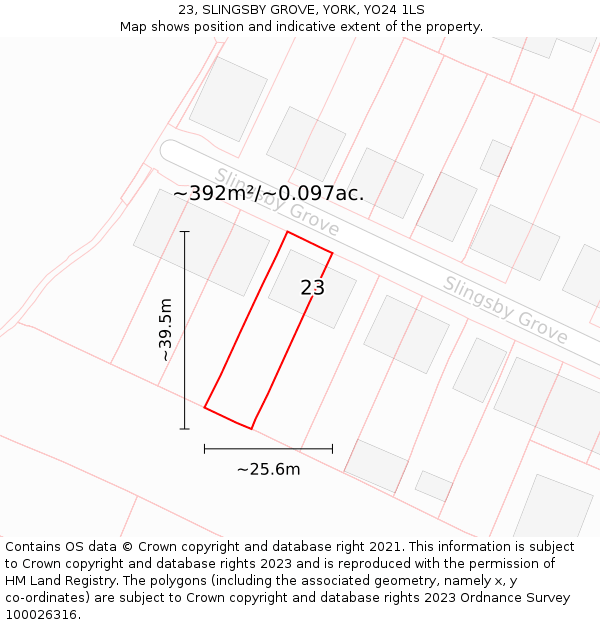 23, SLINGSBY GROVE, YORK, YO24 1LS: Plot and title map