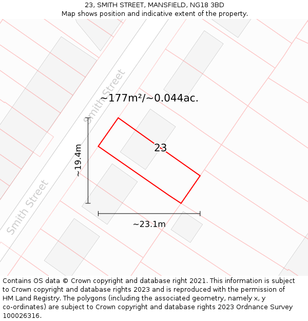 23, SMITH STREET, MANSFIELD, NG18 3BD: Plot and title map