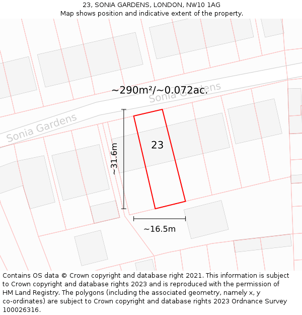 23, SONIA GARDENS, LONDON, NW10 1AG: Plot and title map