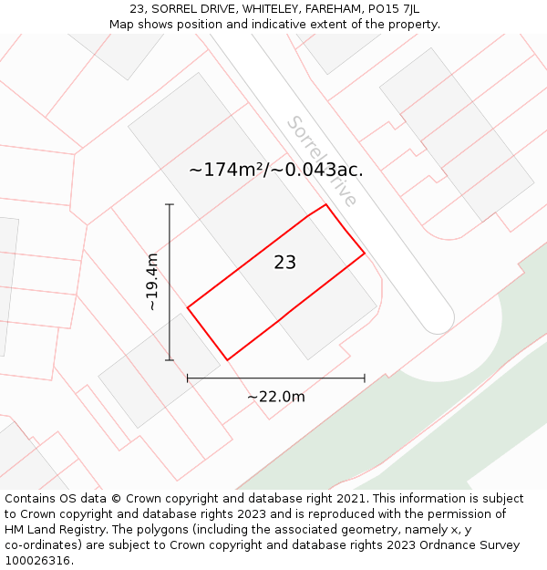 23, SORREL DRIVE, WHITELEY, FAREHAM, PO15 7JL: Plot and title map