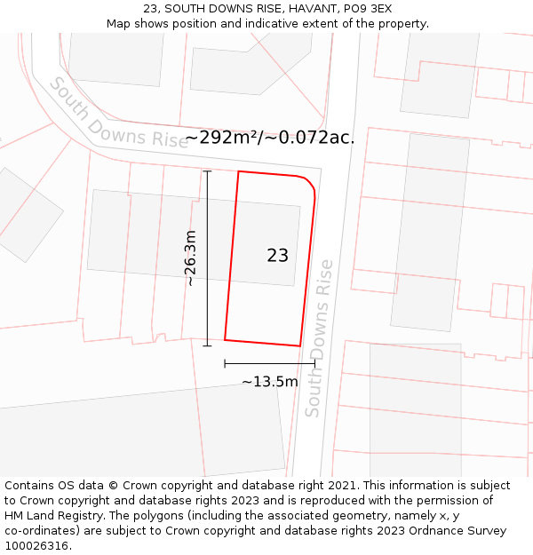 23, SOUTH DOWNS RISE, HAVANT, PO9 3EX: Plot and title map
