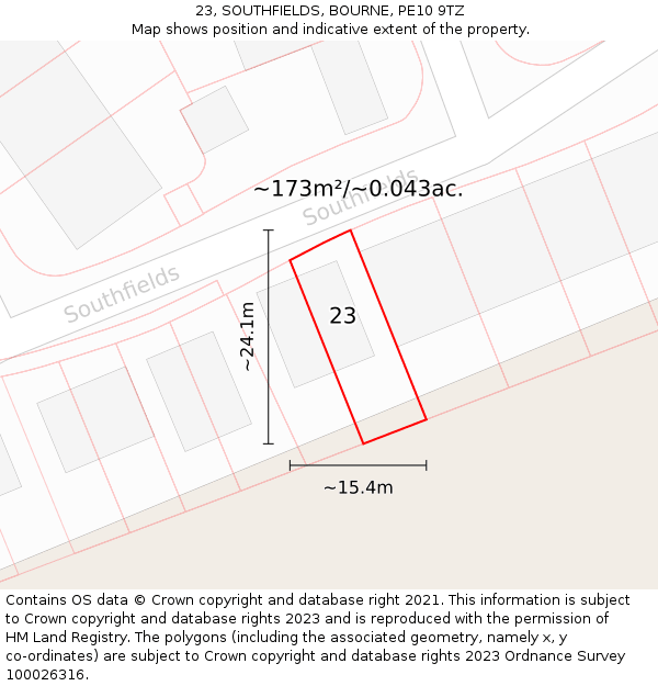 23, SOUTHFIELDS, BOURNE, PE10 9TZ: Plot and title map