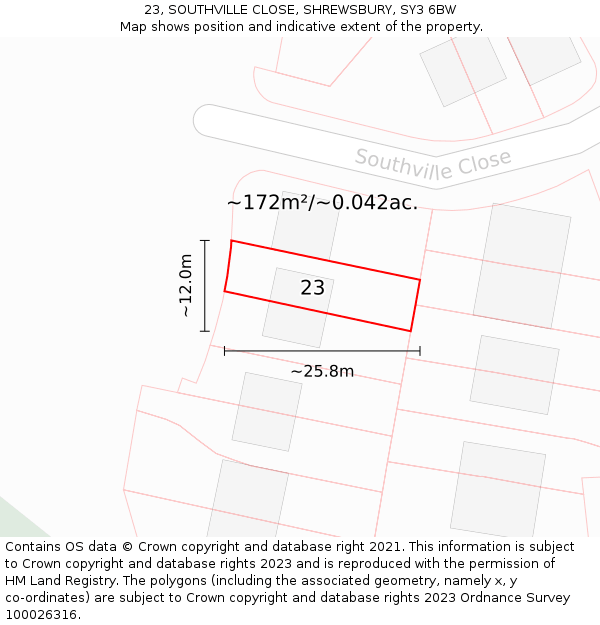 23, SOUTHVILLE CLOSE, SHREWSBURY, SY3 6BW: Plot and title map