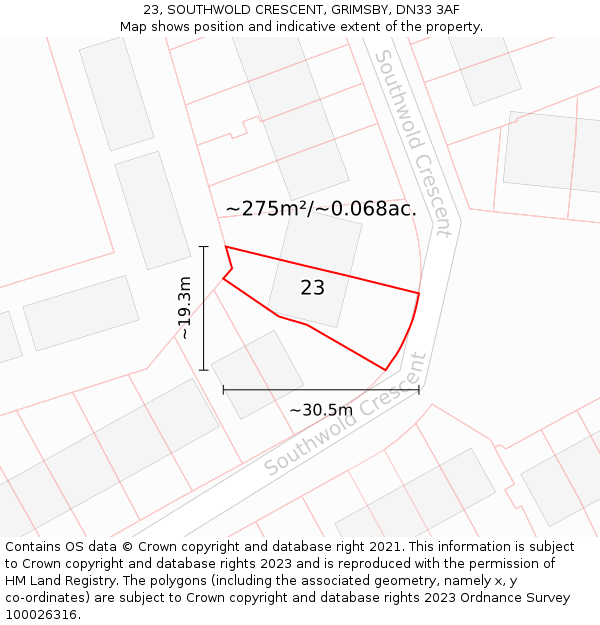 23, SOUTHWOLD CRESCENT, GRIMSBY, DN33 3AF: Plot and title map