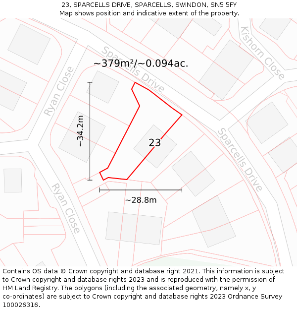 23, SPARCELLS DRIVE, SPARCELLS, SWINDON, SN5 5FY: Plot and title map