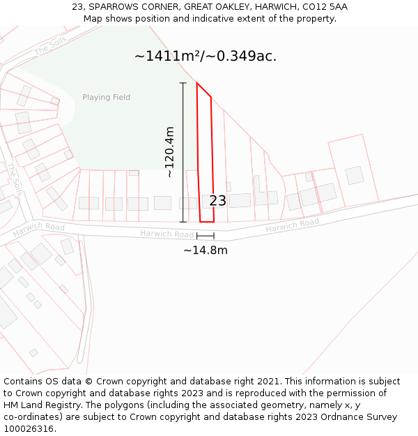 23, SPARROWS CORNER, GREAT OAKLEY, HARWICH, CO12 5AA: Plot and title map