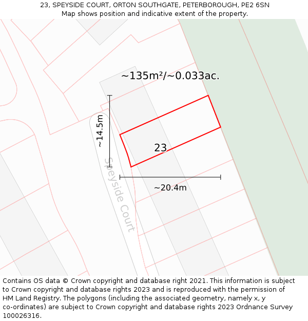 23, SPEYSIDE COURT, ORTON SOUTHGATE, PETERBOROUGH, PE2 6SN: Plot and title map