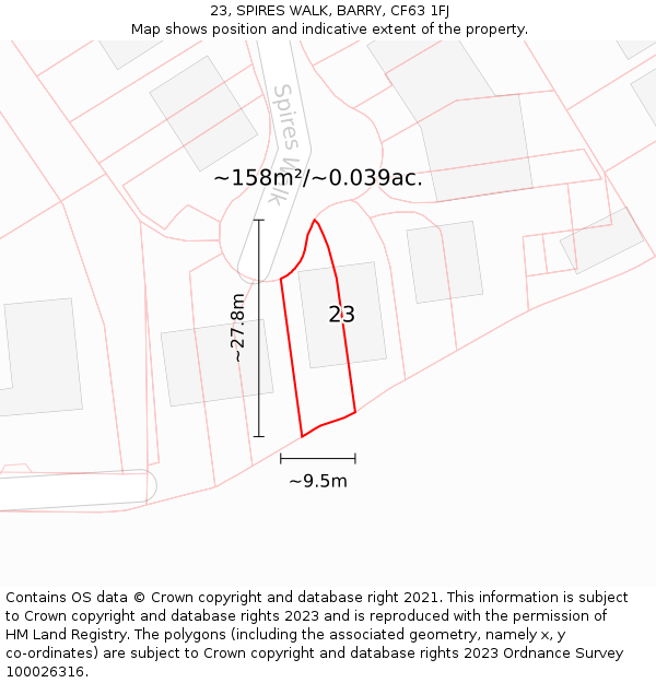 23, SPIRES WALK, BARRY, CF63 1FJ: Plot and title map