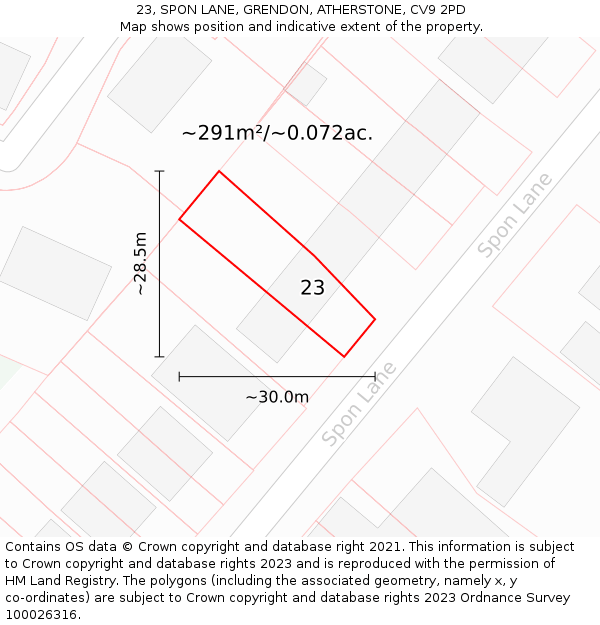 23, SPON LANE, GRENDON, ATHERSTONE, CV9 2PD: Plot and title map