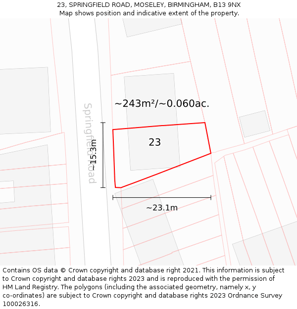 23, SPRINGFIELD ROAD, MOSELEY, BIRMINGHAM, B13 9NX: Plot and title map