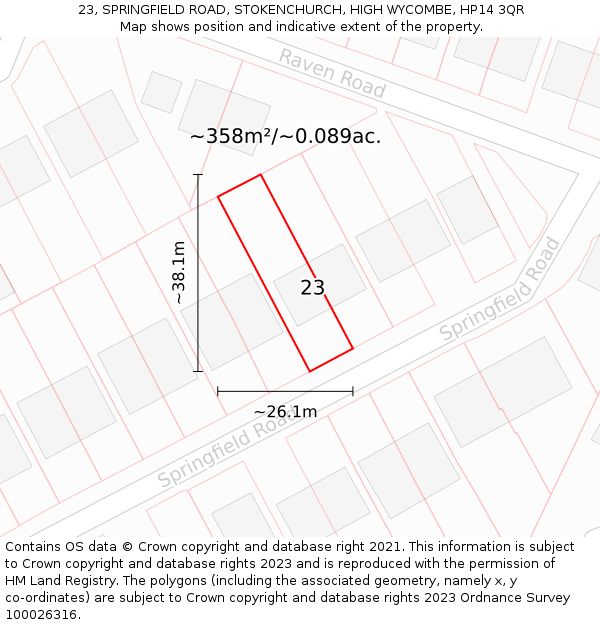 23, SPRINGFIELD ROAD, STOKENCHURCH, HIGH WYCOMBE, HP14 3QR: Plot and title map