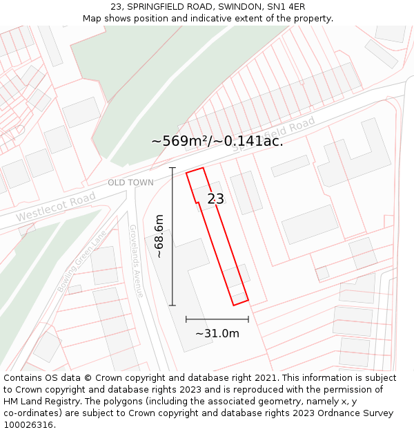 23, SPRINGFIELD ROAD, SWINDON, SN1 4ER: Plot and title map