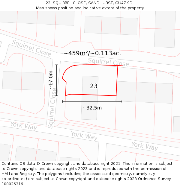 23, SQUIRREL CLOSE, SANDHURST, GU47 9DL: Plot and title map