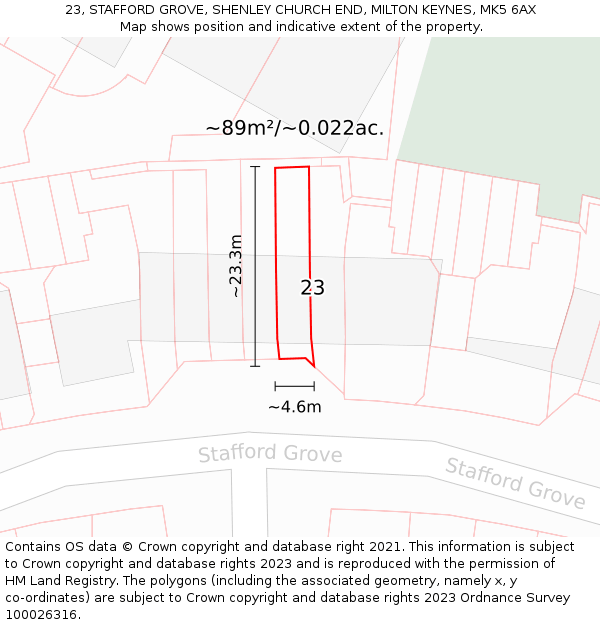 23, STAFFORD GROVE, SHENLEY CHURCH END, MILTON KEYNES, MK5 6AX: Plot and title map