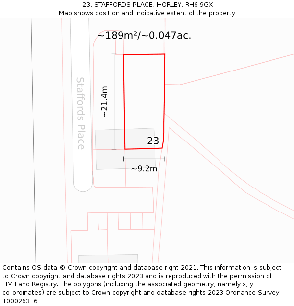 23, STAFFORDS PLACE, HORLEY, RH6 9GX: Plot and title map