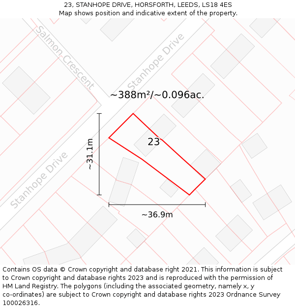 23, STANHOPE DRIVE, HORSFORTH, LEEDS, LS18 4ES: Plot and title map