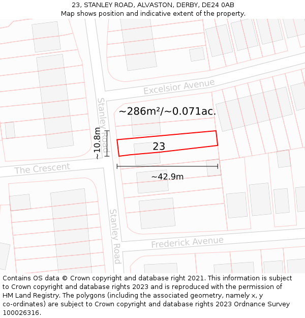 23, STANLEY ROAD, ALVASTON, DERBY, DE24 0AB: Plot and title map