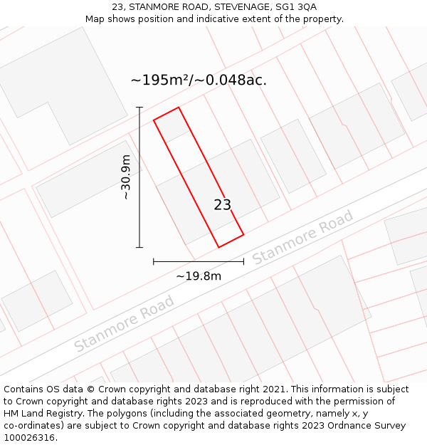 23, STANMORE ROAD, STEVENAGE, SG1 3QA: Plot and title map