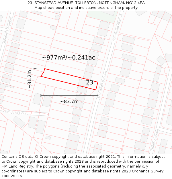 23, STANSTEAD AVENUE, TOLLERTON, NOTTINGHAM, NG12 4EA: Plot and title map