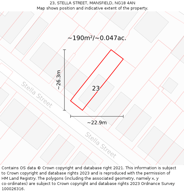 23, STELLA STREET, MANSFIELD, NG18 4AN: Plot and title map
