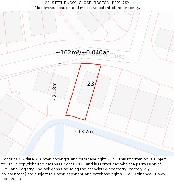 23, STEPHENSON CLOSE, BOSTON, PE21 7SY: Plot and title map