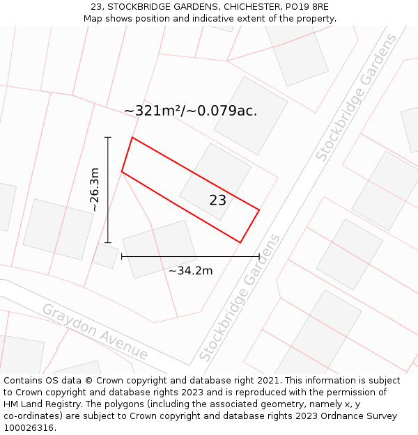 23, STOCKBRIDGE GARDENS, CHICHESTER, PO19 8RE: Plot and title map