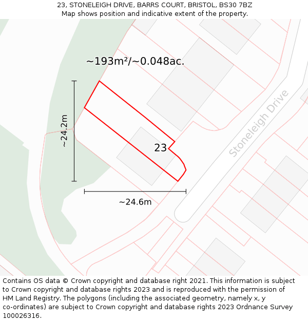 23, STONELEIGH DRIVE, BARRS COURT, BRISTOL, BS30 7BZ: Plot and title map