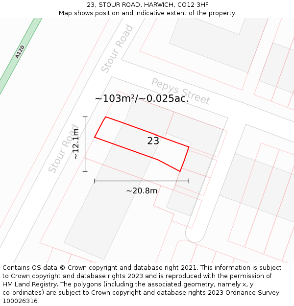 23, STOUR ROAD, HARWICH, CO12 3HF: Plot and title map